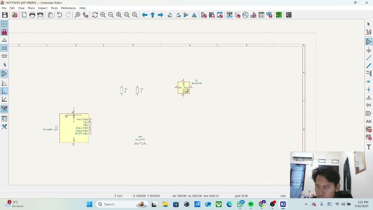 pembuatan PCB sederhana dengan Mikrokontroler, 1 LED WS2812 , 1 resistor, dan konektor 2 pin.