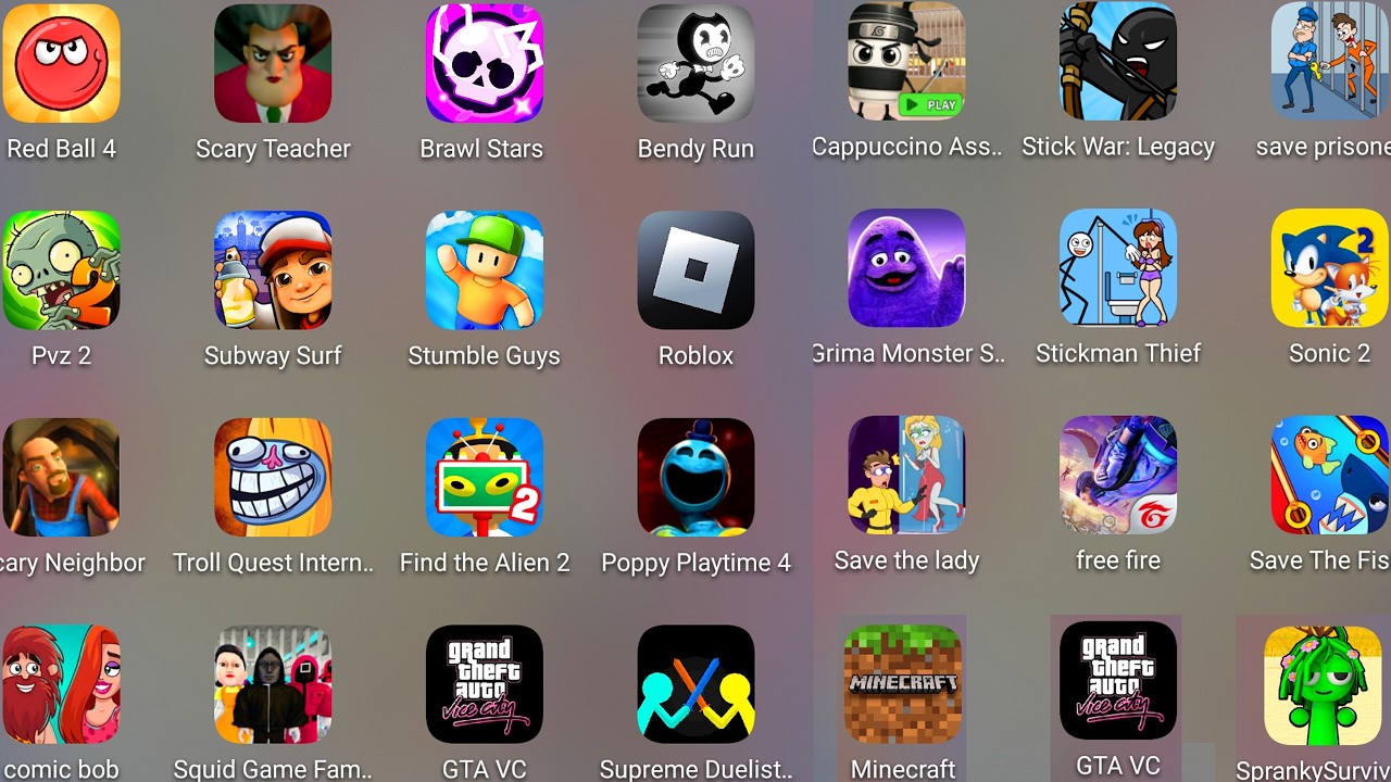 Minecraft,Roblox,Poppy Playtime 4,Draw Master,Stumble Guys,Scary Teacher 3D,Spranky Survival........