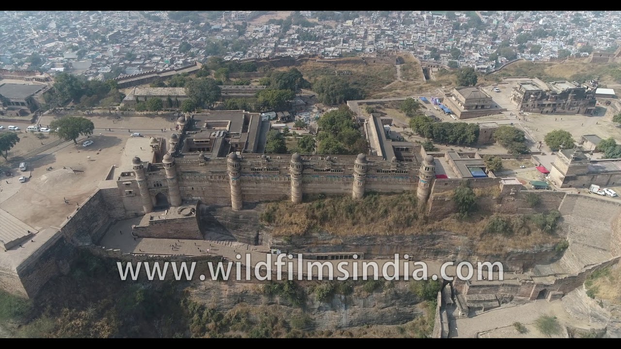 Gwalior Fort - superb view of fortified hilltop in Gwalior, Madhya Pradesh, with yellow duckies
