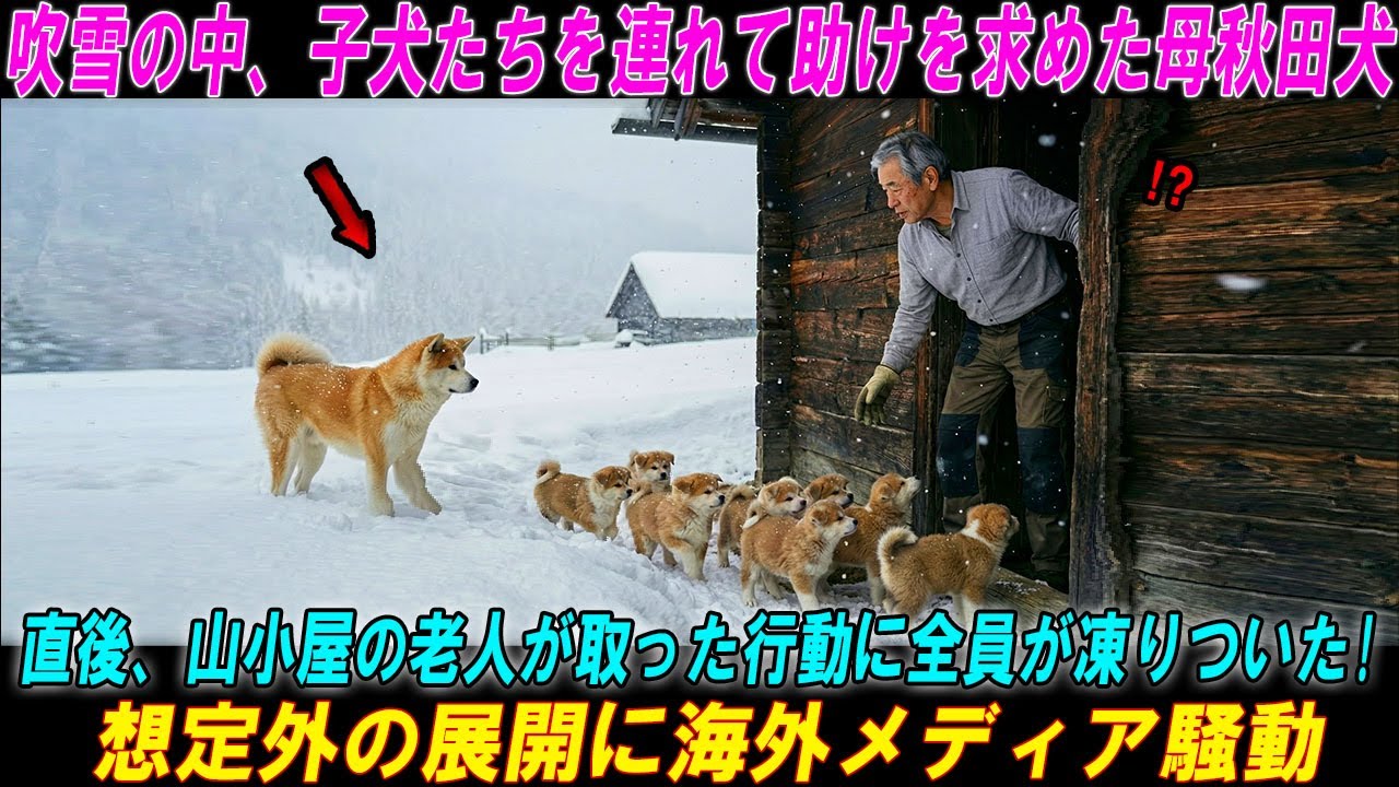 【奇跡の実話】 吹雪の中、子犬たちを連れて助けを求めた母秋田犬…直後、山小屋の老人が取った行動に全員が凍りついた!  #海外の感動話  #秋田犬 #海外の反応  #海外の話