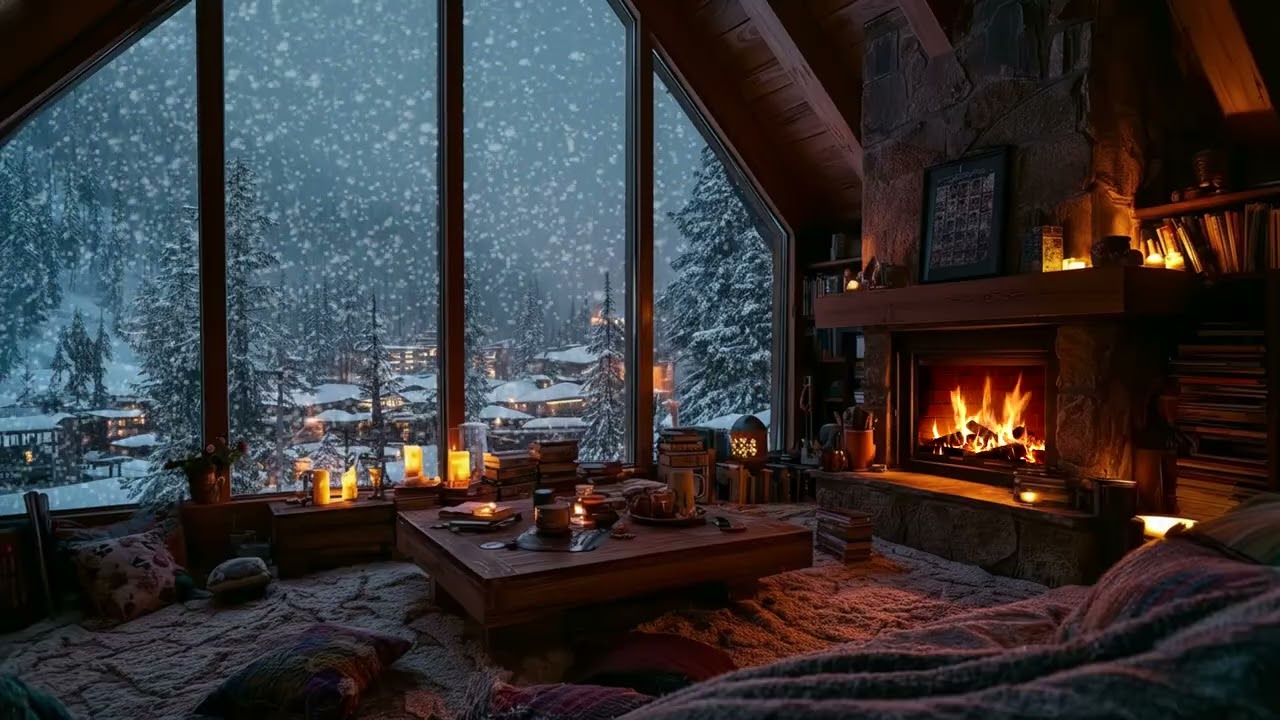 Peaceful Mountain Cabin in Falling Snow & Warm Fire Ambience for Sleep, Relaxation and Clear Focus