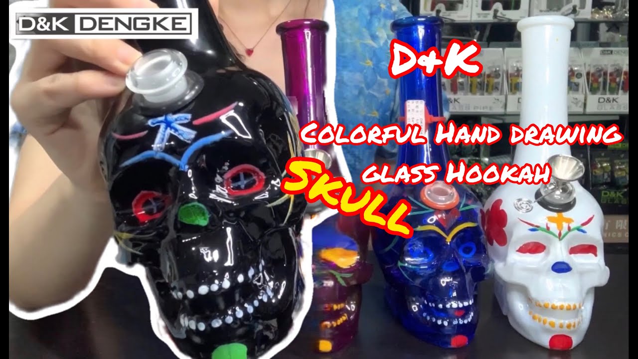 【D&K Dengke】D&K 9.65 Inch Colorful Hand Drawing Skull Glass Hookah Water Pipe DK6454