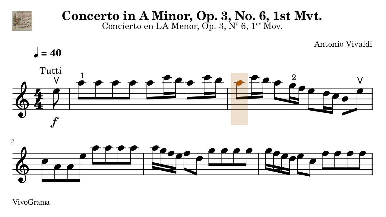 🎼 Concierto LA Menor, 1er Movimiento, Vivaldi - Partitura Violín - Práctica Tempo Progresivo