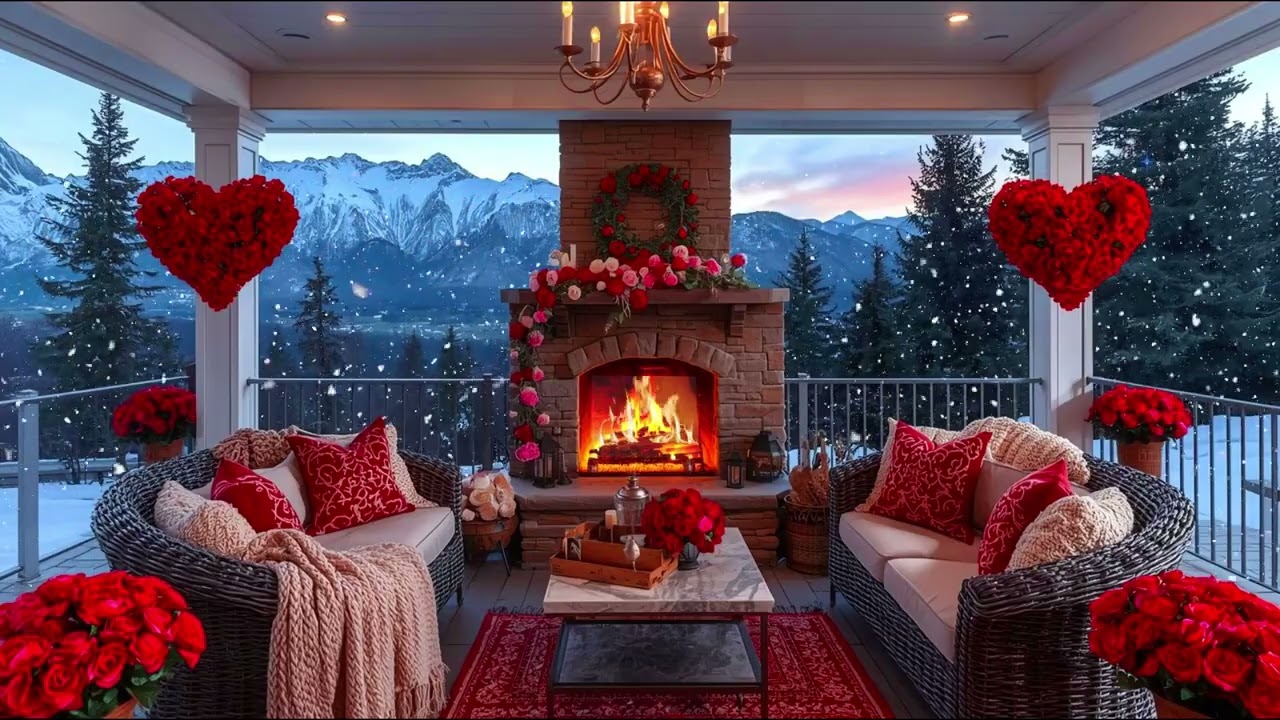 Happy Valentine’s Day ❤️ Cozy Winter Patio Fireplace Ambience, Romantic Mountain Snowfall (No Music)