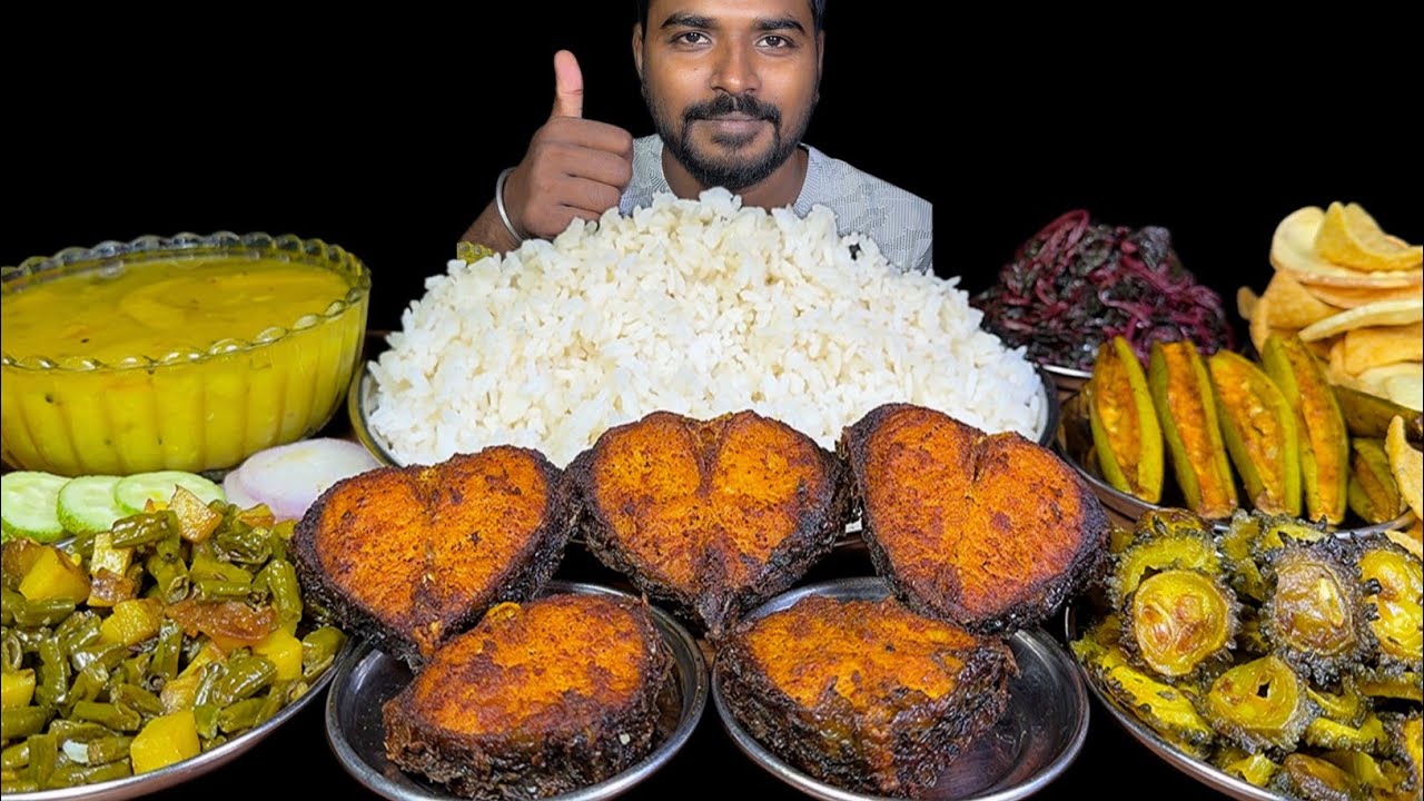 Eating Fish Fry, Dal Chawal, Karela Fry, Borbati Aloo Fry, Patal Fry & Lal Saag Bhaji Mukbang 
