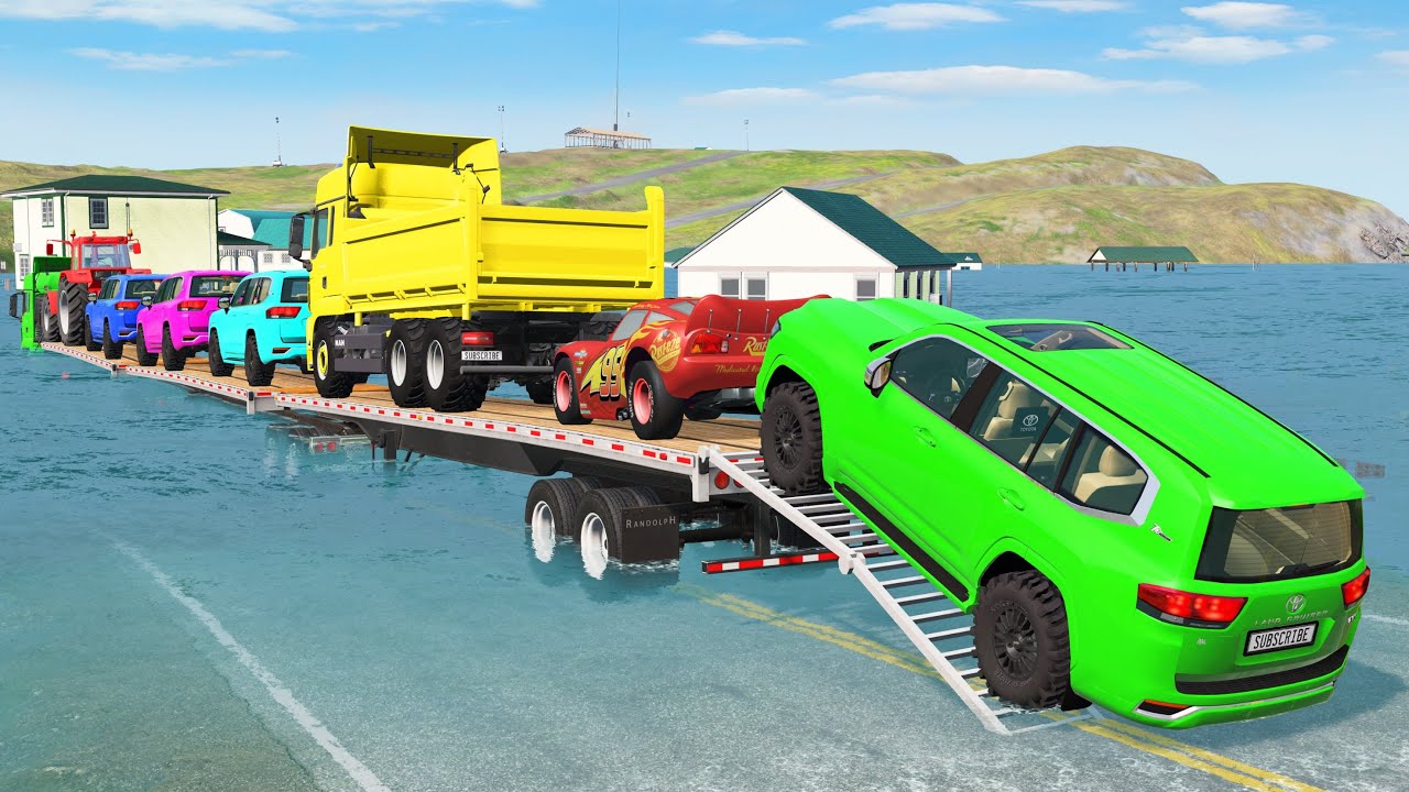 Triple Flatbed Trailer McQueen Transportation with Truck - Speedbumps vs Cars vs Train - BeamNG #12