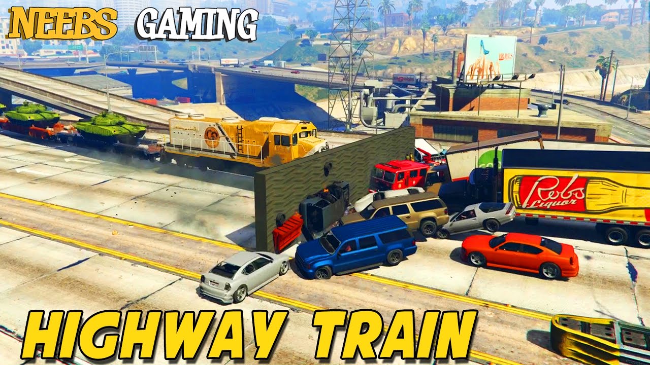 GTA 5 MODS - HIGHWAY TRAIN BULLDOZER!!! Harry Potter & Biker Melee Mods