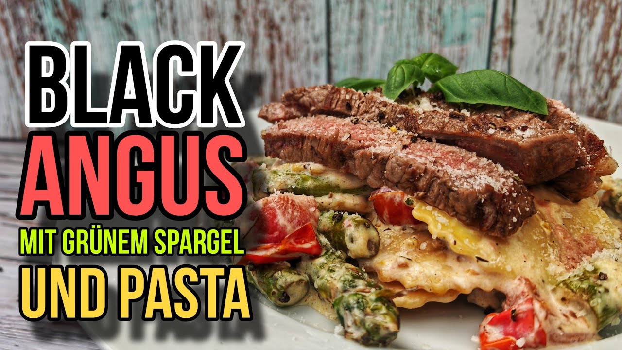 BLACK ANGUS ENTRECOTE MIT GRÜNEM SPARGEL UND PASTA