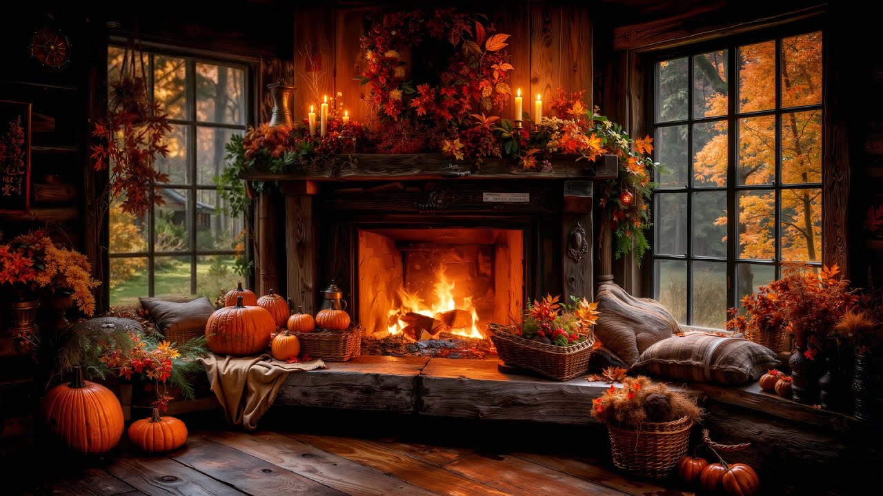 Peaceful Autumn Fireplace Ambience 🍂 Cozy Fireplace and Warm Light, Rainy Autumn for Relaxation