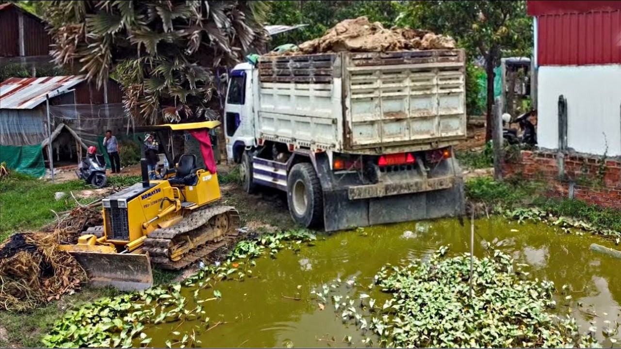 Starting A New Project!! Filling Land By Bulldozer KOMAT'SU D20P with 5ton trucks