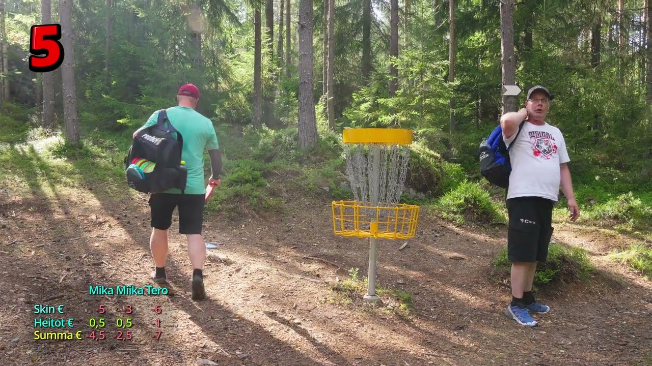 Savitsi frisbeegolf Harjavalta. Skinit euro per väylä ja kokonaistulos euro per heitto voittajalle