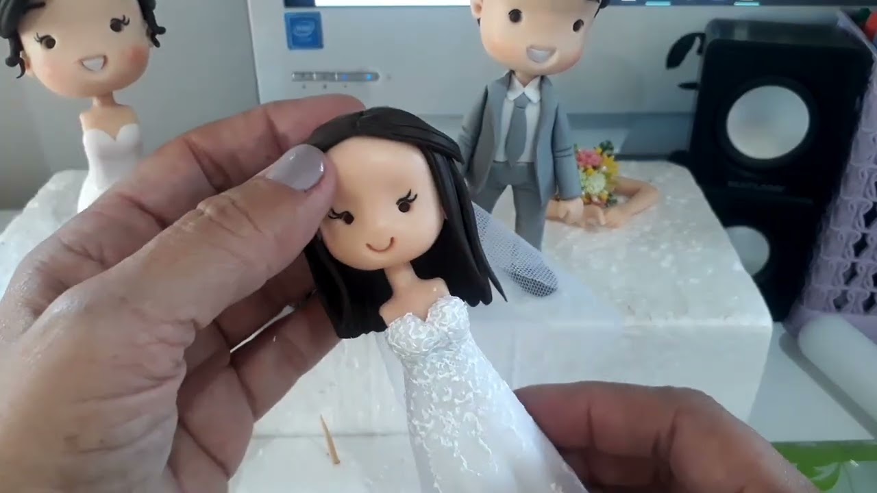 Noivinhos em Biscuit Vestido Noiva em biscuit renda passo a passo