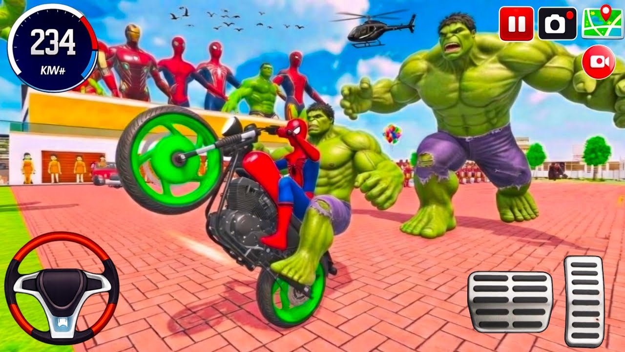 🎮Car Bike Spiderman Game:🤩 Spiderman Becomes🦚 Escape From Biggest 🚨Monster Hulk 💪With Police Bike 🤑
