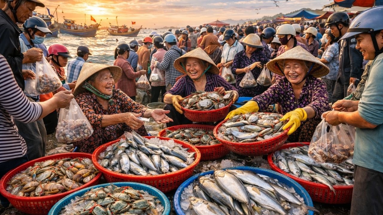 Xem mà nổi da gà, chợ cá lộ thiên ở Phan Thiết mua bán tấp nập, cá khoai 170k