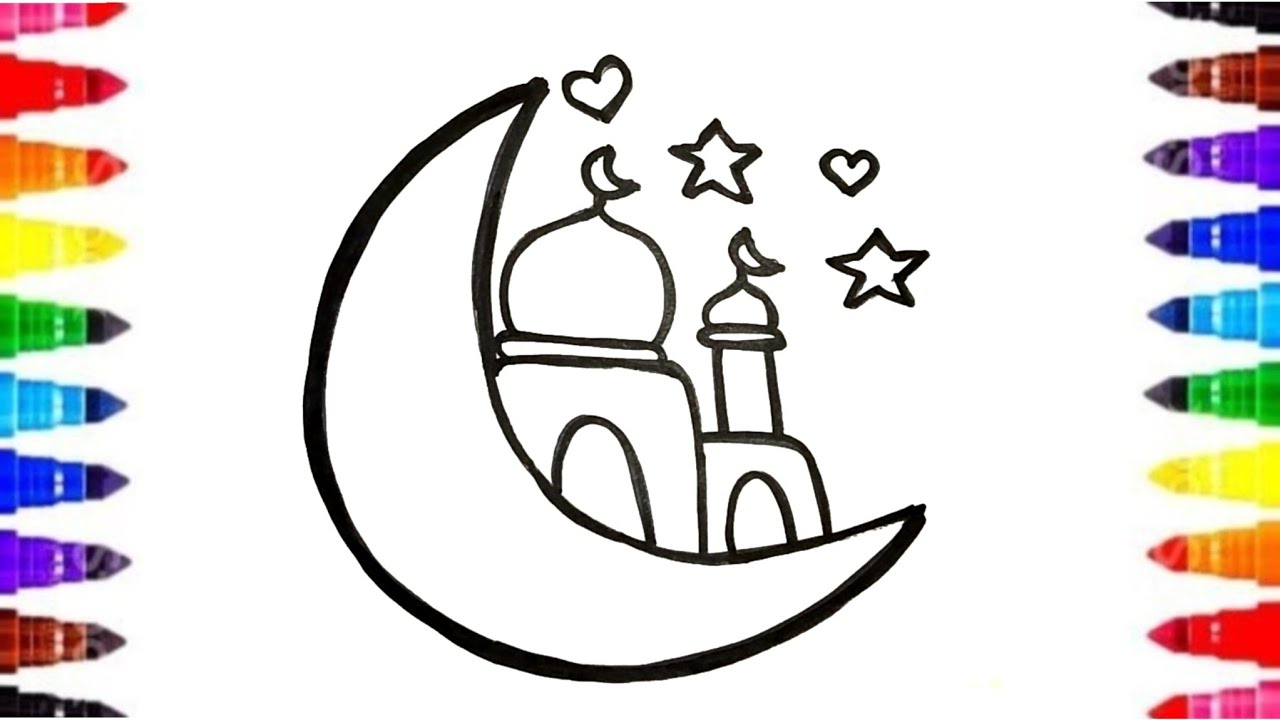 Cami 🕌 Ay 🌙 üstünde çizim boyama ve renklendirme çocuklar için