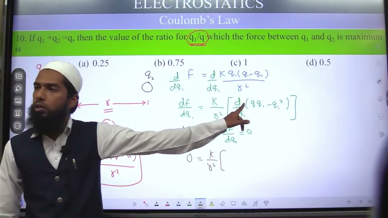 10. if q1 + q2 = q, then the value of the ratio q1/q for which the force between q1 and q2 is maximu