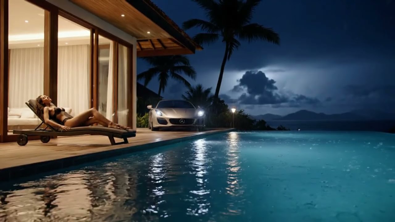 🌙 Luxury Villa Night Rain ⛈️ 10 Hours Relax Sleep Music Pool & Cars Ambience