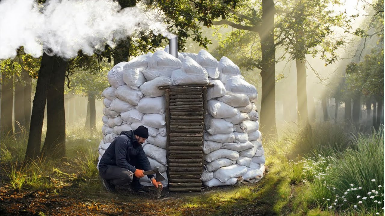 Строительство хижины из мешков в дикой природе