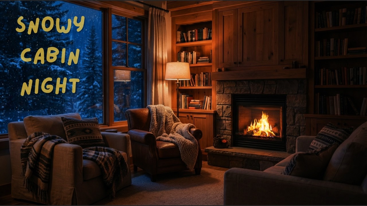 Cozy Winter Cabin Fireplace ❄️ Snowfall Night | Soft Piano Ambience