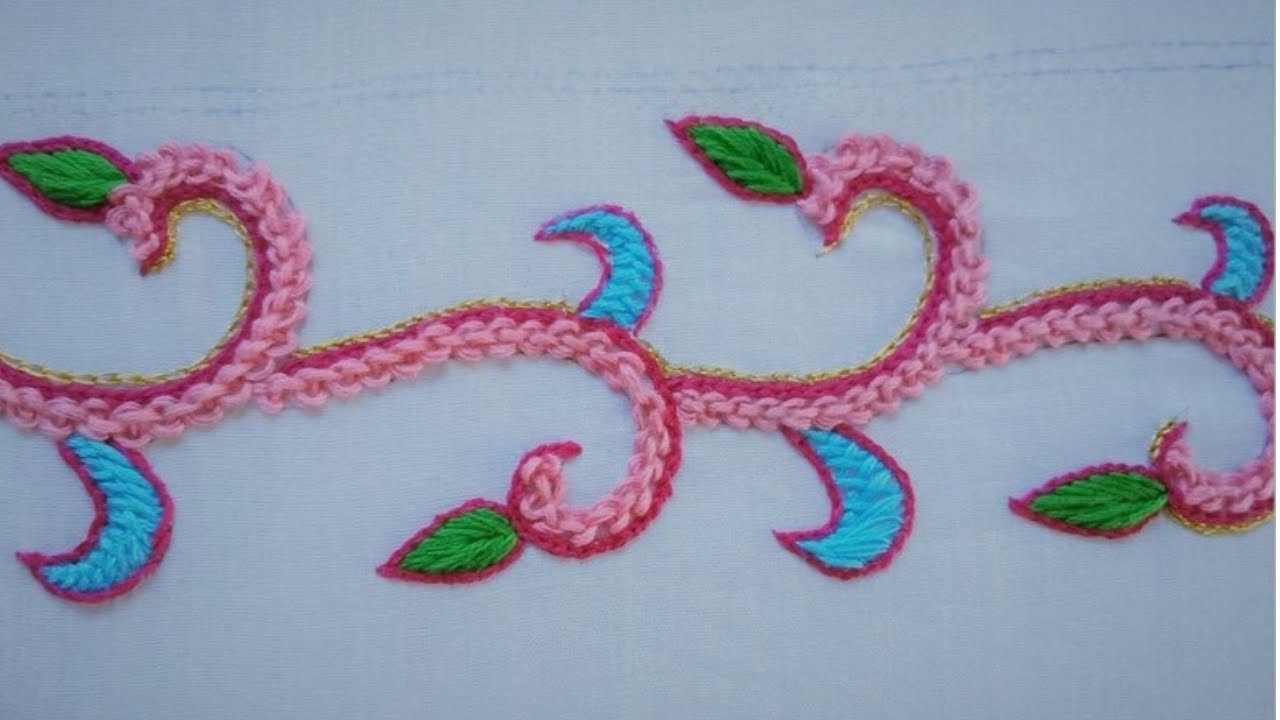 Hand embroidery. Borderline embroidery. Raised chain stitch design.