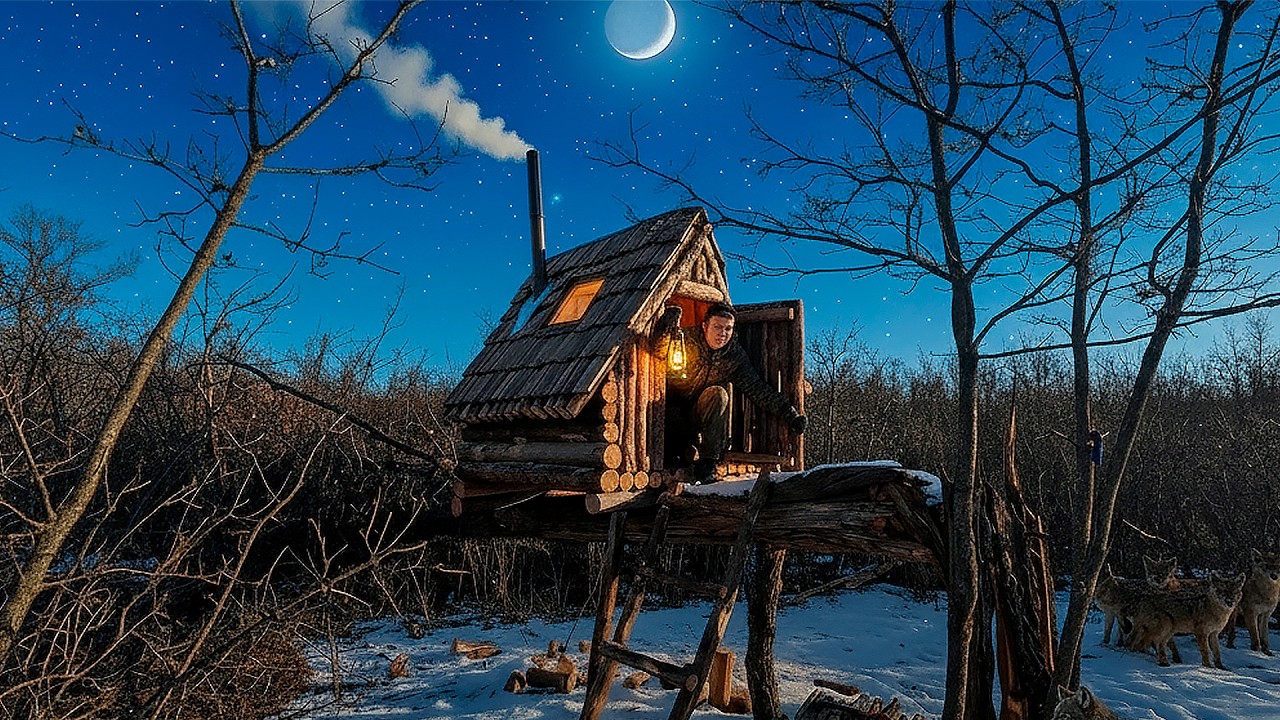 Building of a warm hut on a large fallen tree. bushcraft