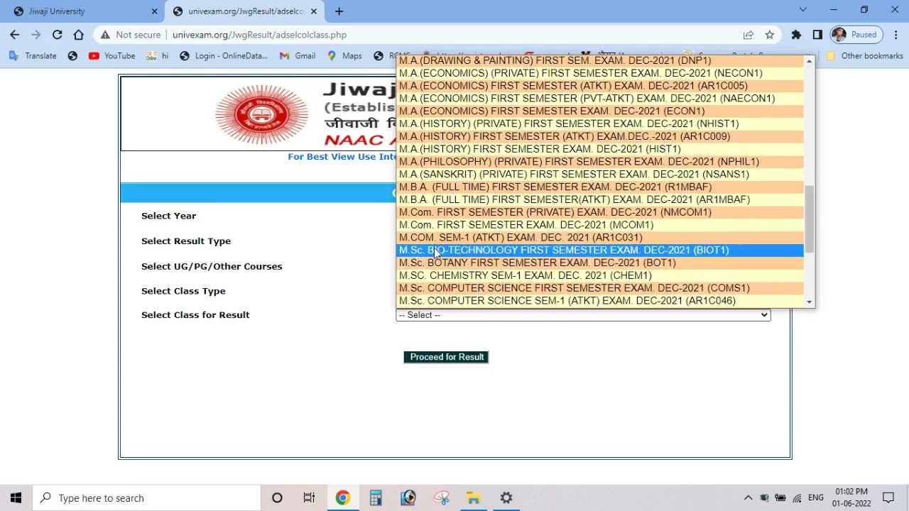 MA M.COM. MSC Result 2022 jiwaji university