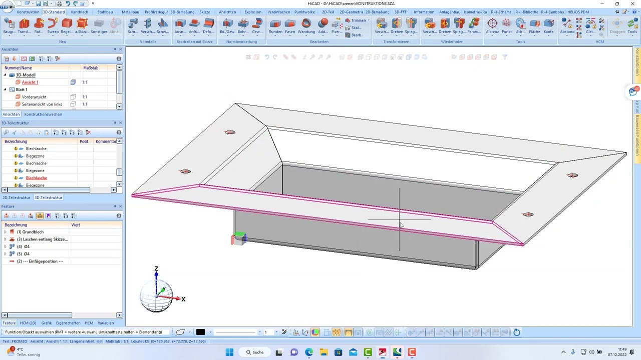 Blechwanne Konstruktion, Fertigungsunterlagen, Abwicklung, DXF Datei
