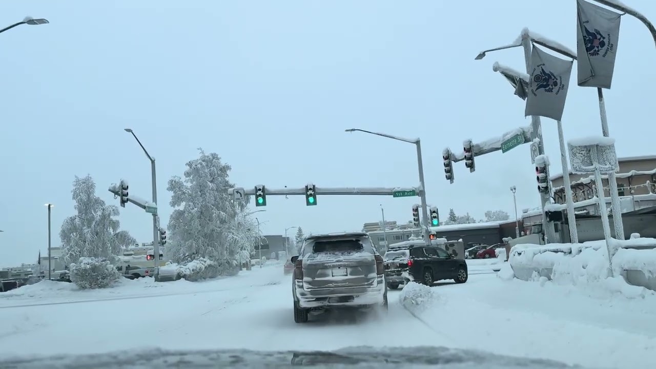 The road home from school during winter in Fairbanks, Alaska.