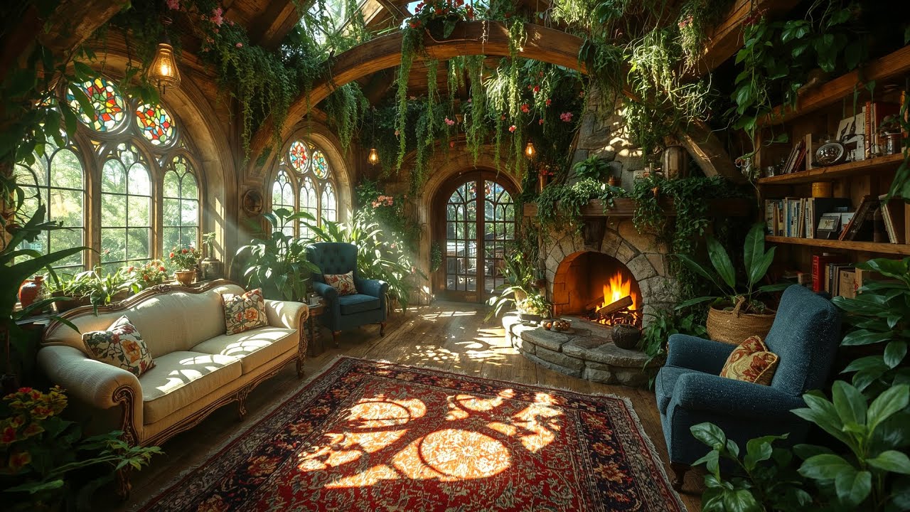 Cozy Hobbit Cottage Jazz 🌿 Fireplace Ambience & Relaxing Instrumental Music 🔥