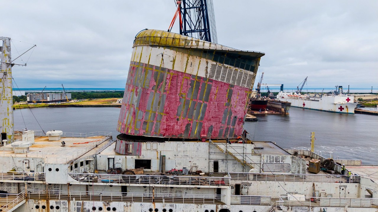 Funnel Removed from the SS United States - Drone Video