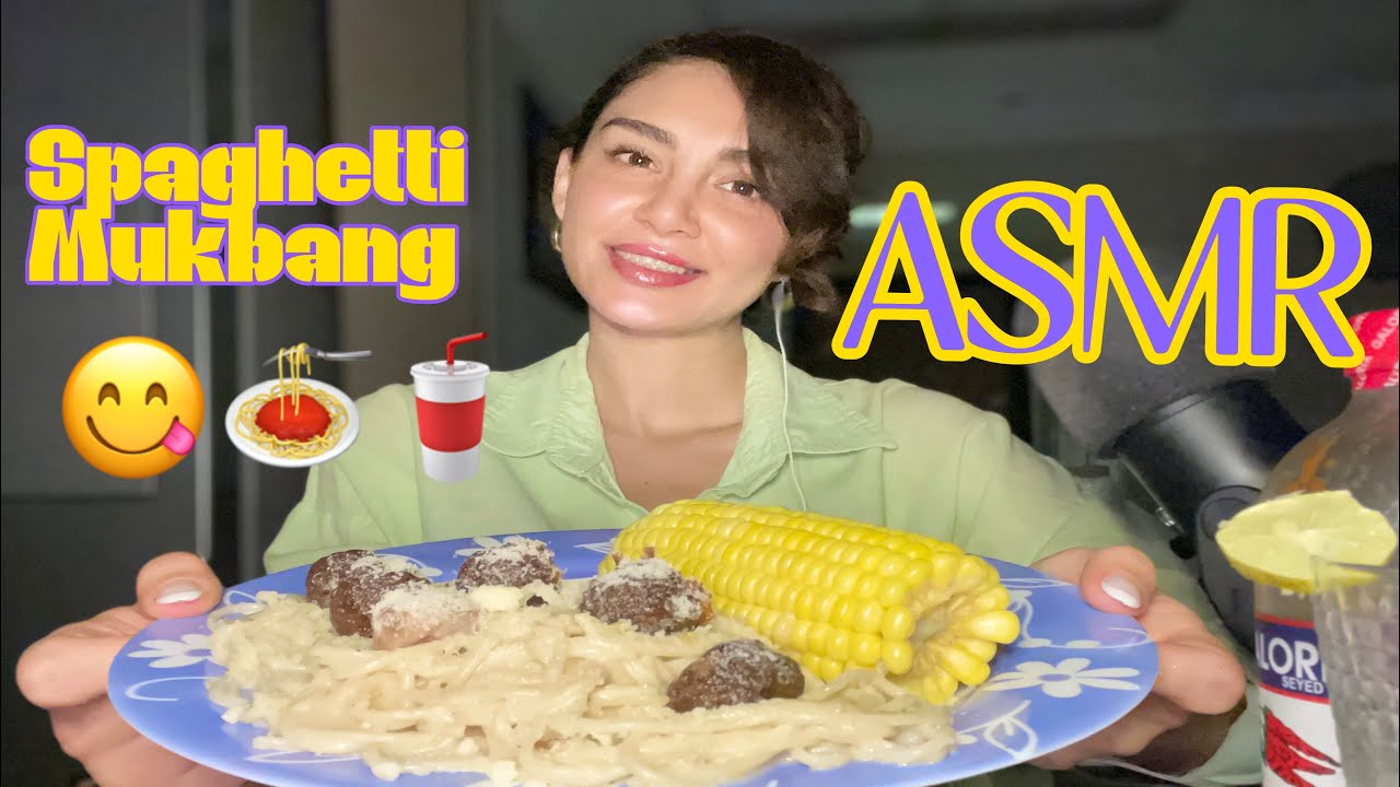 Spaghetti mukbang ASMR(meetballs, boiled corn and soda) | موكبانگ اى اس ام ار / دستپخت خودم 😀