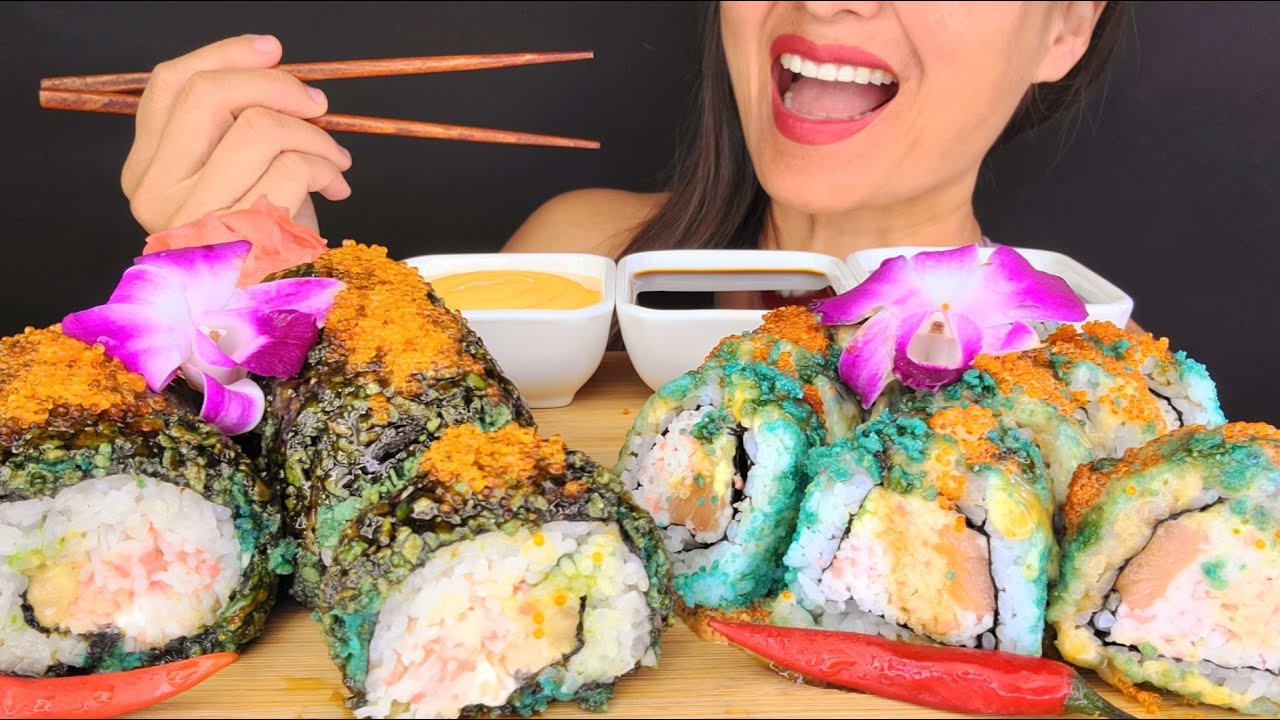 BLUE TAKIS SUSHI!  ASMR MUKBANG OMAD CRUNCHY EATING NOISES BIG BITES SEAFOOD RAW SALMON NO TALKING