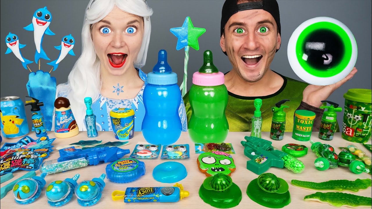 Desafío comida azul vs comida verde 블루 블랙 푸드 챌린지 Elsa Frozen vs Hulk Mukbang