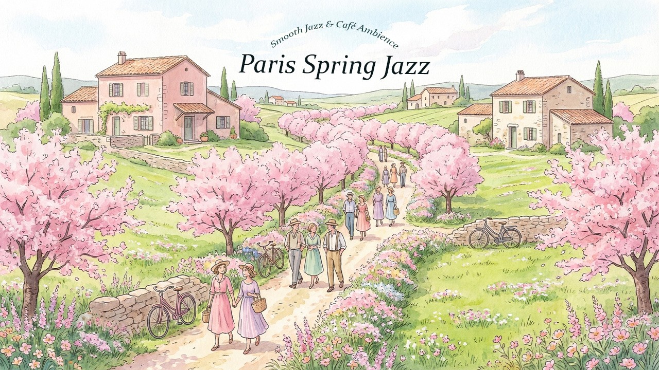 🌸 Paris Serenade Jazz | European Cherry Blossom Canal Ambience 🎻