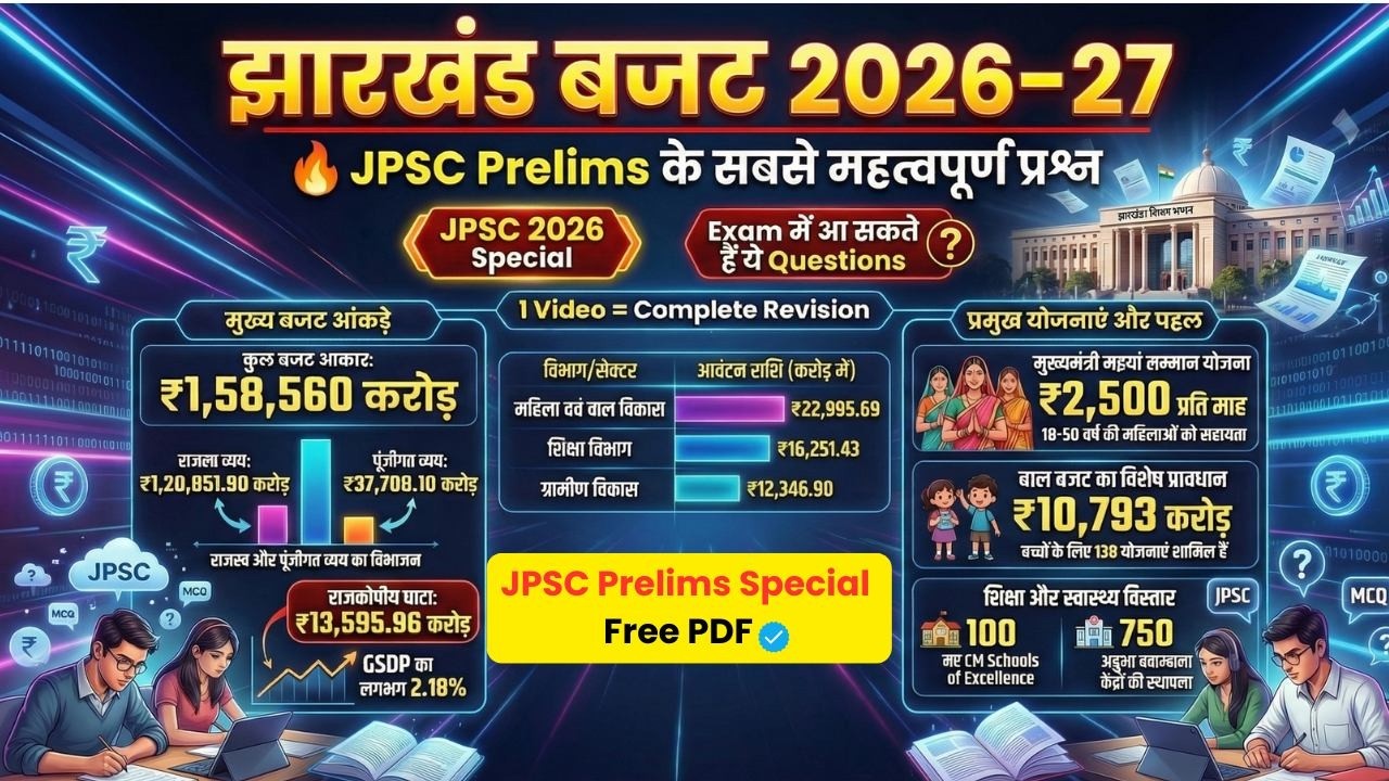 Jharkhand Budget 2026-27 Complete MCQ Video | 50 + Expected Questions for JPSC Prelims & Mains