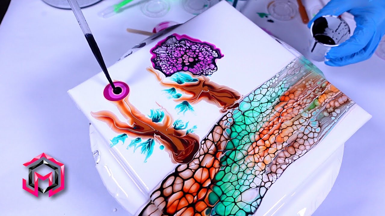Painting a LANDSCAPE with Bloom Pouring Techniques