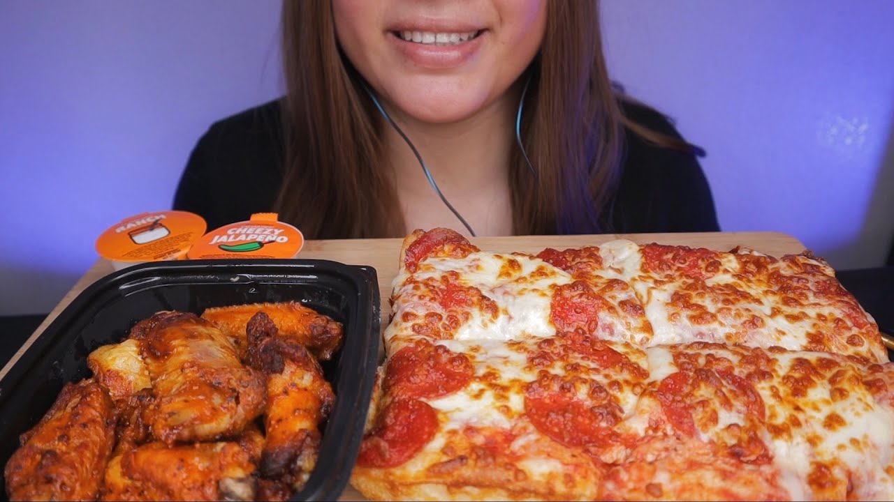 EXTRA CHESSY LITTLE CAESARS DEEP DISH PIZZA + WINGS | ASMR MUKBANG *NO TALKING*