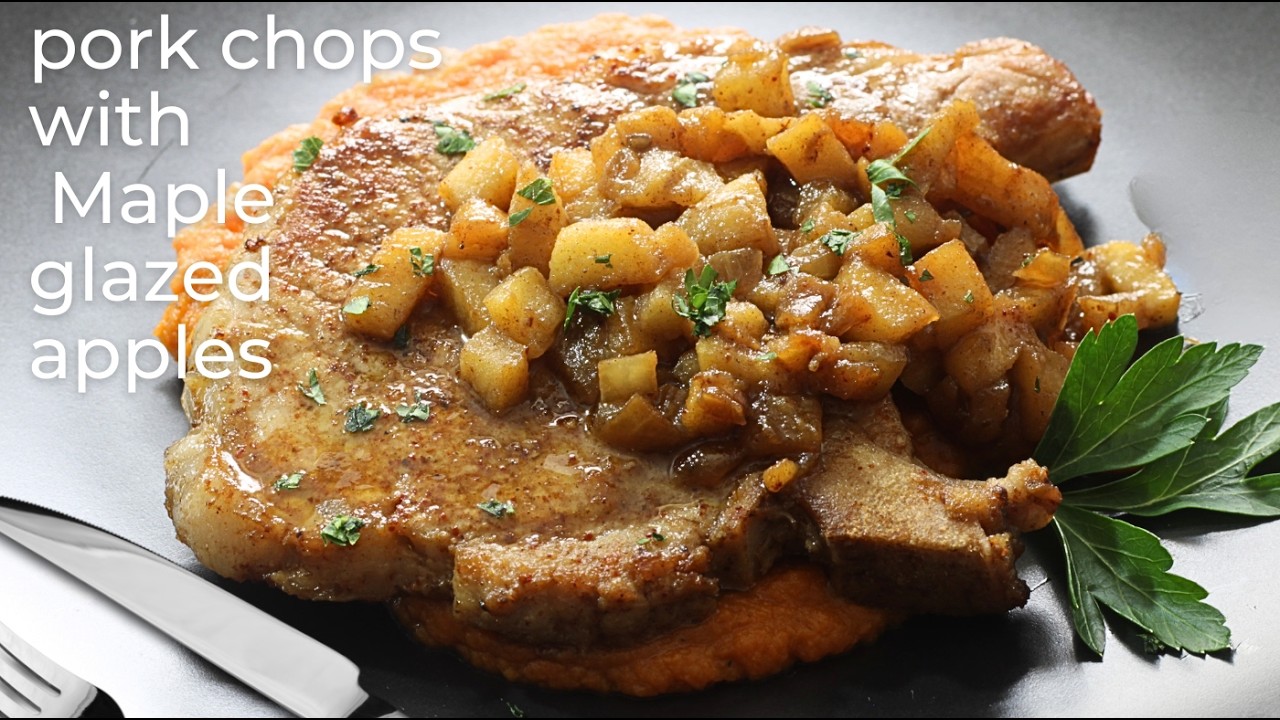 Pork Chops with Maple-Glazed Apples and Spiced Sweet Potato Puree.  Delicious, Homemade and Easy!
