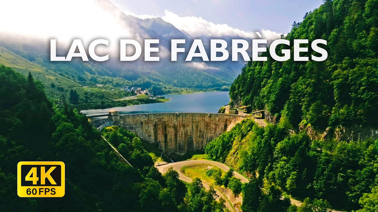 ОЗЕРО ФАБРЕЖ Lac De FABR&Egrave;GES с воздуха (4K UHD 60fps). Base nautique Fabr&egrave;ges в Пиренеях