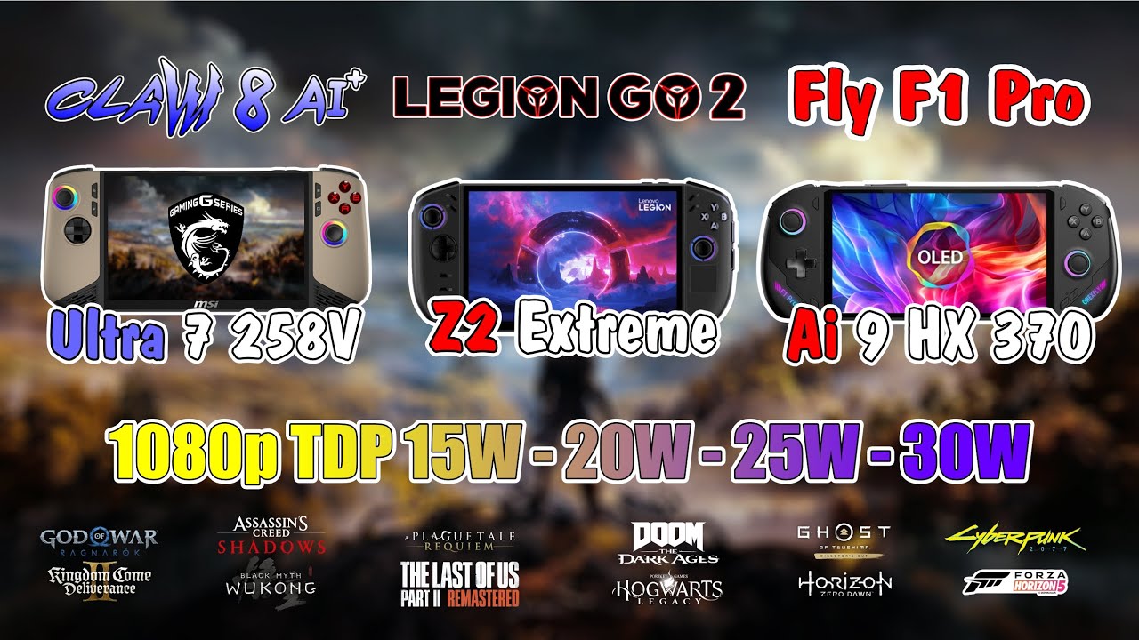 Legion Go 2 vs MSI Claw 8 AI vs OneX Fly F1 Pro - 1080p Game Performance at 15W, 20W, 25W, & 30W
