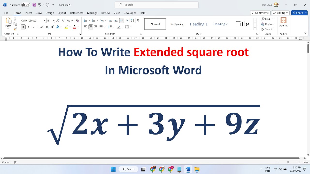 How To Write Extended square root In MicroSoft Word
