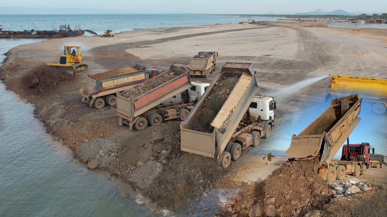 Wonderful Bulldozer KOMATSU D40p Construction beach sea, Dozer Move Rock Into Water Sea