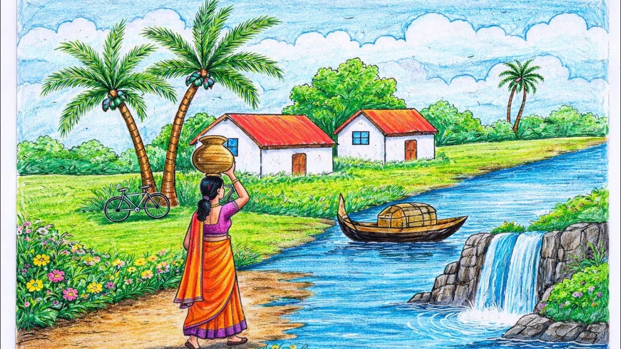 Beautiful winter morning village scenery drawing |Beautiful winter morning village scenery drawing 