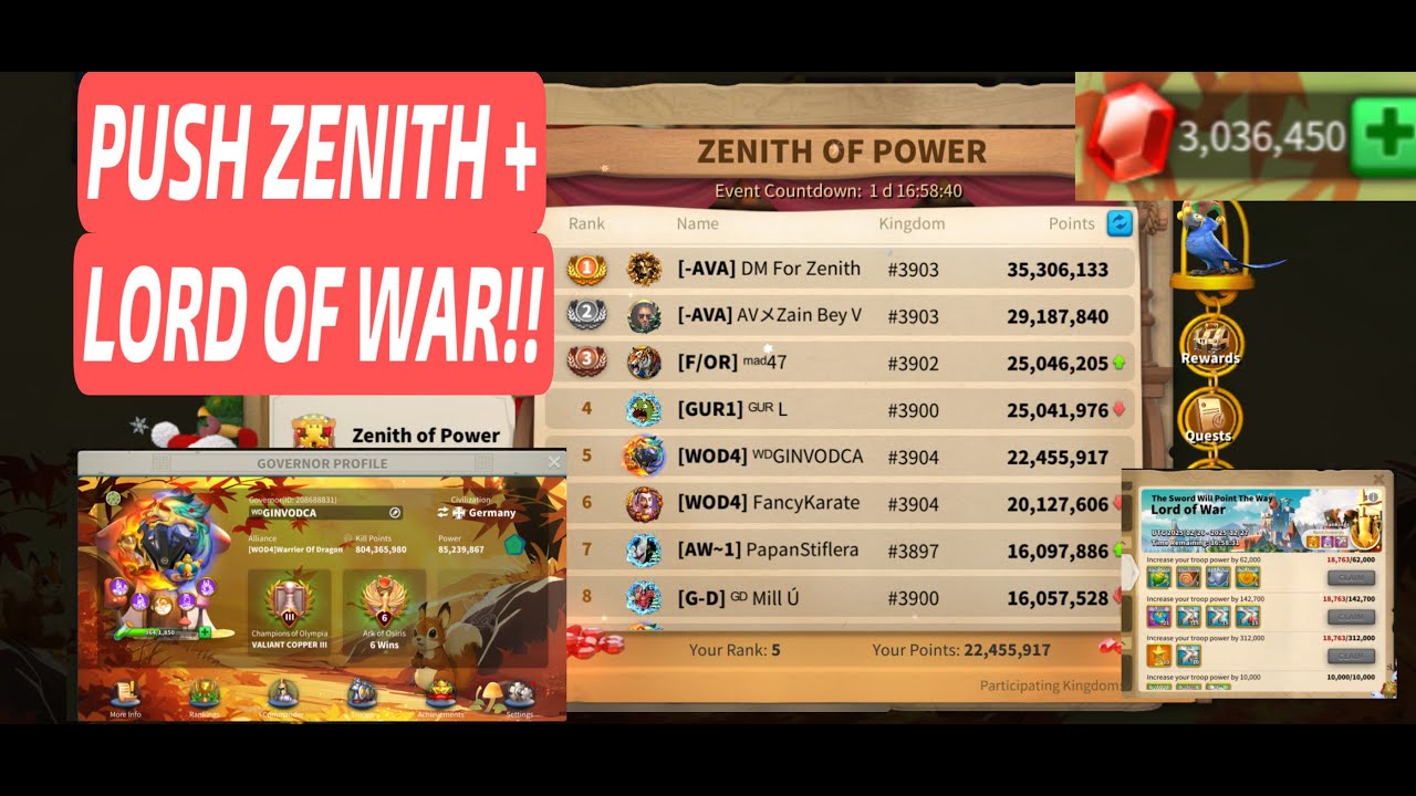 PUSH ZENITH +LORD OF WAR KING 3904 AKUN KVK SEASON 1 !!   - RISE OF KINGDOMS