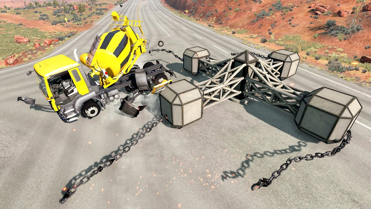 Cars vs Chain Spinner – BeamNG.drive