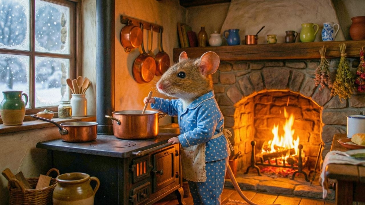 Mouse Chef in Cozy Cottage 🐭 Crackling Fire, Soft Piano & Winter Sounds for Relaxation & Sleep