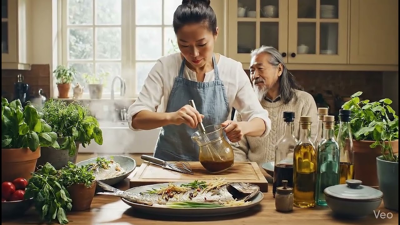 A chinese woman cooking fish for her husband.