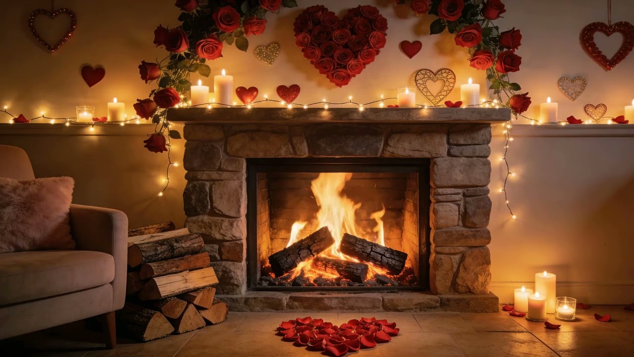 1H Romantic Fireplace 4K 💖 Cozy Fire & Candlelight Ambience for Relax & Sleep (No Music)