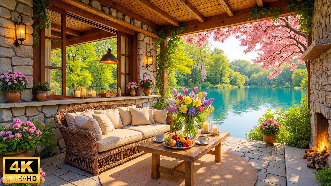 Cozy Spring Cabin Ambience 🌺 Smooth Piano Instrumental Music with Crackling Fireplace 🌿 Study Music