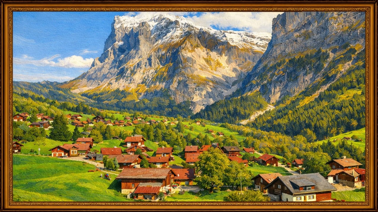 Peaceful Alpine Village Beneath Snowy Mountains | Scenic European Countryside 🏔️🌄 | 4K Framed TV